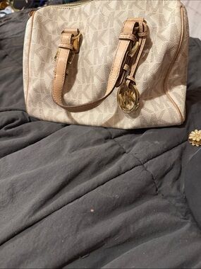 Michael Kors Cream & Tan MK Logo Satchel with Gold Charm